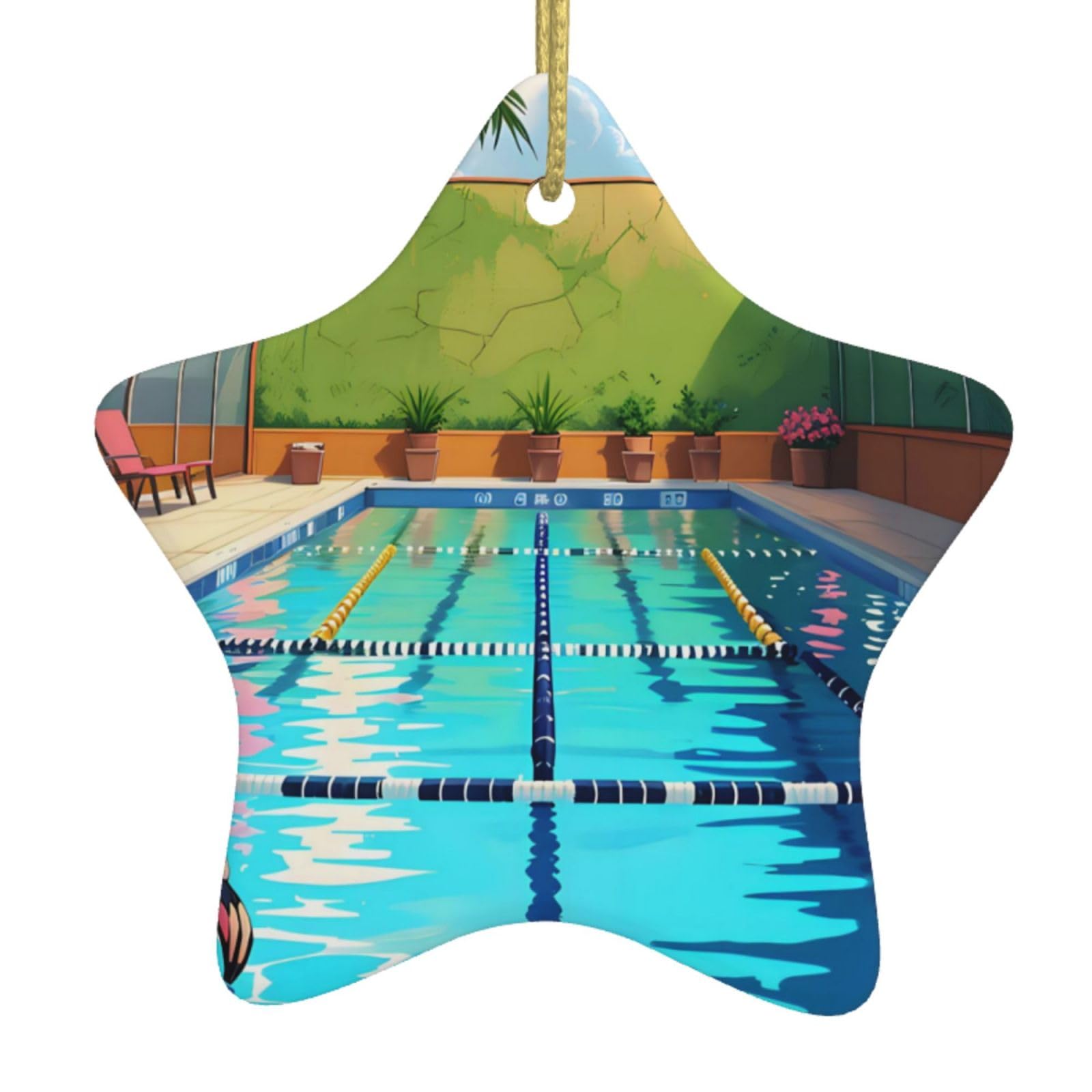 Flamingo and Swimming Pool Christmas Ceramic Star Pendant with Punched Holes and Gold Wire Rope, Christmas Tree Home Decoration
