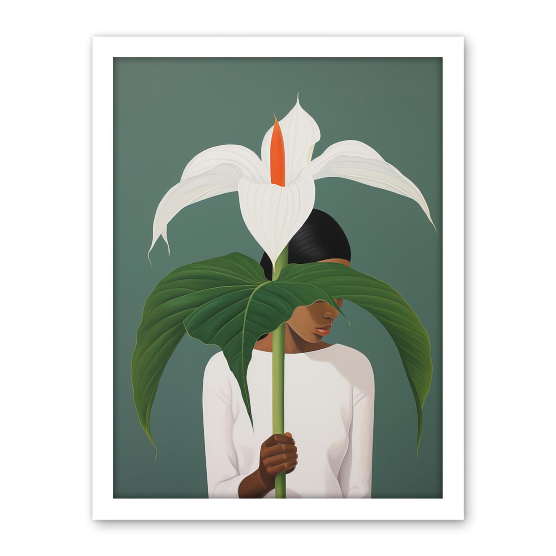 Artery8 Giant Peace Lily Showcase Realistic Oil Painting White Teal Green Woman with Flower Minimalist Artwork Framed Wall Art Print 18X24 Inch