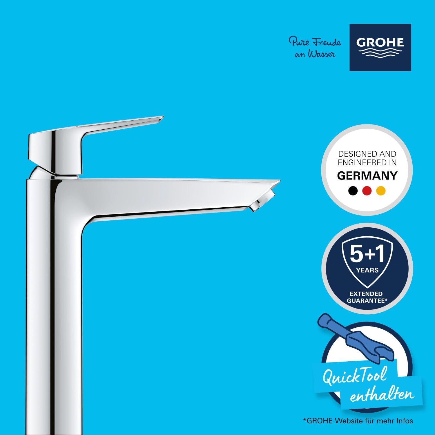 GROHE Start, Waschtischarmatur hoch, wassersparend (Wasserhahn für das Bad, Badarmatur mit Push-Open Ablauf, 26cm hoch, mit 3in1 Werkzeug, einfache Installation), chrom, 24165003