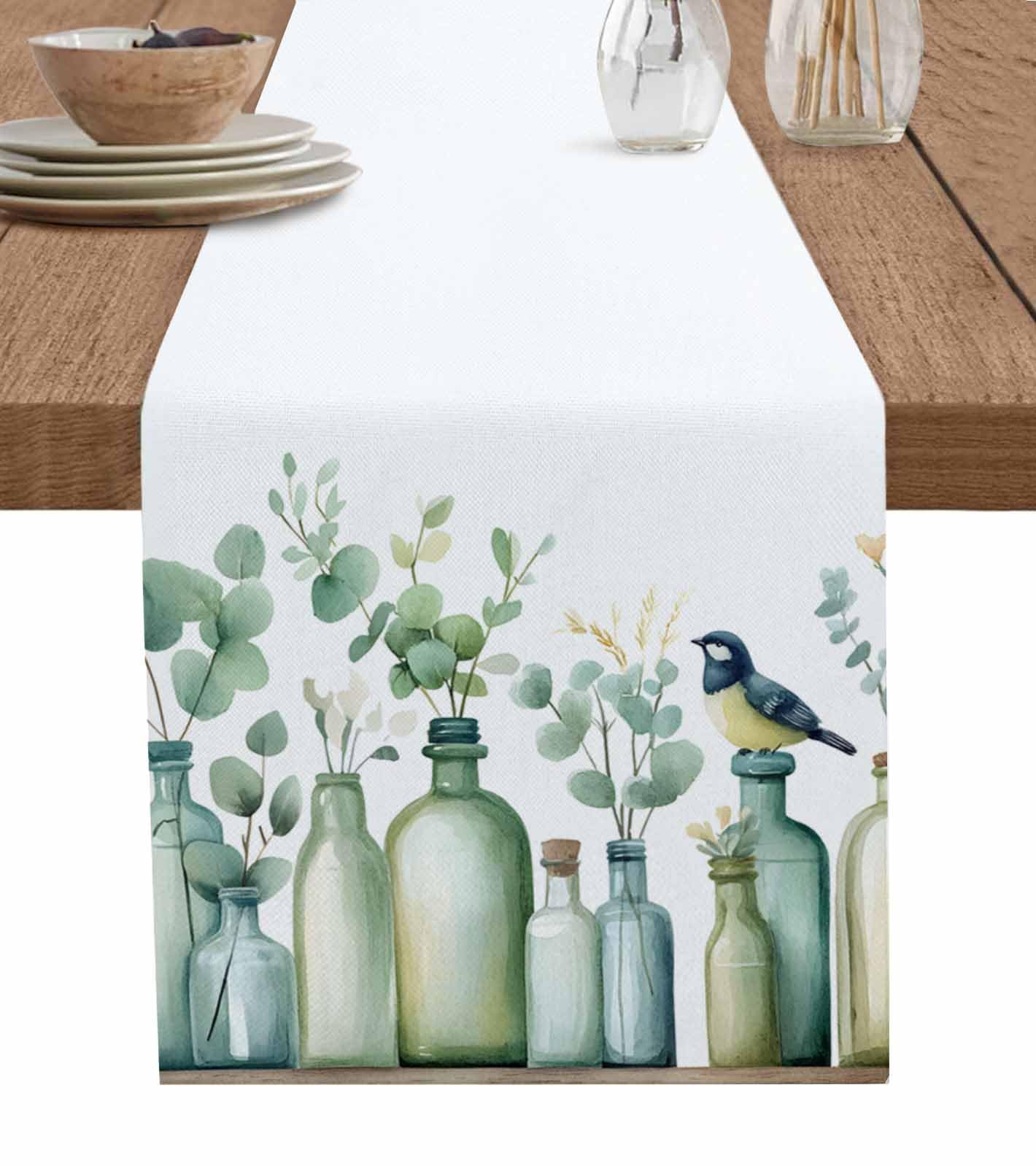 Teal Eucalyptus Leaves Table Runner Cotton Linen 90 Inch Holiday Dresser Scarves, Botanical Vase Birds Tablerunner for Kitchen Coffee Dining Bedroom
