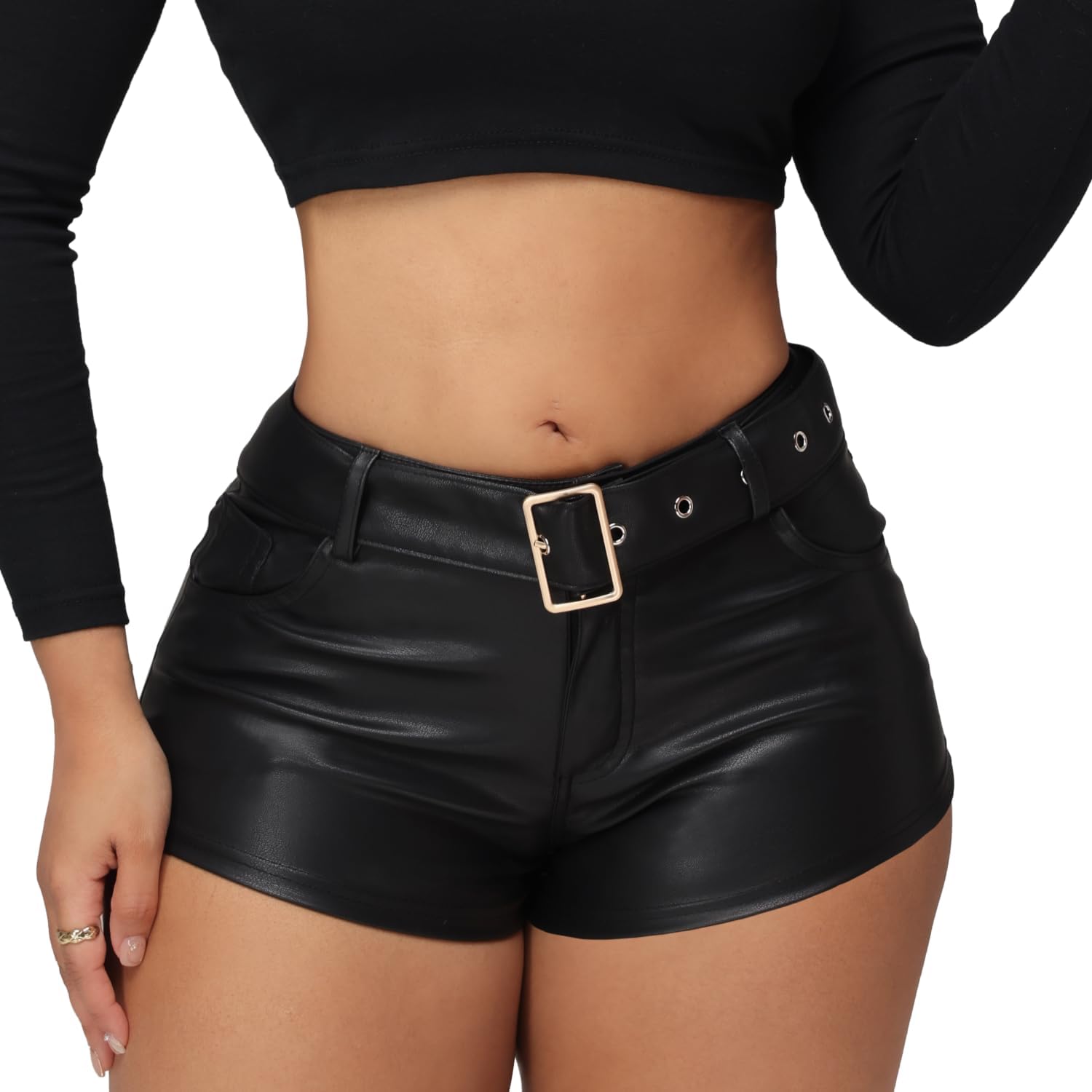 Women's PU Leather Micro Shorts High Waist Belted Mini Shorts Festival Rave Club Outfits - Image 6