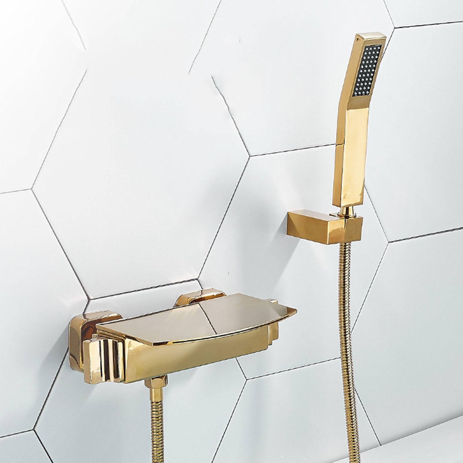 Bateria wannowa z główką prysznicową, bateria wannowa z wodospadem, bateria wannowa, bateria wannowa ścienna, nowoczesny zestaw baterii do wanny łazienkowej,Gold