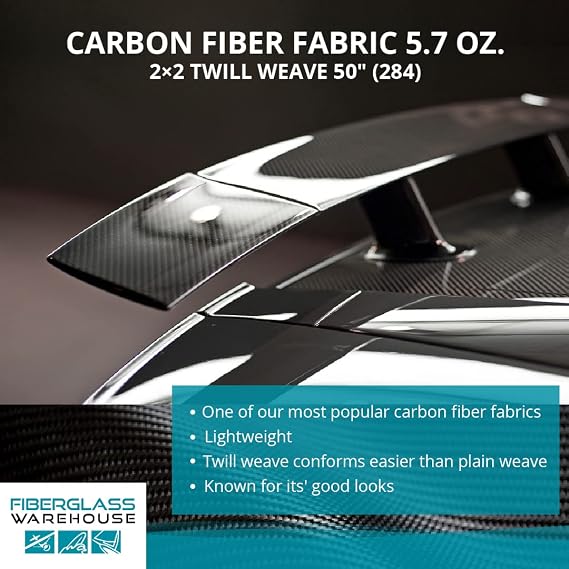Carbon Fiber Cloth - 3K, 5.7oz x 50 - 2x2 Twill Weave Fabric - 10 Yard Roll