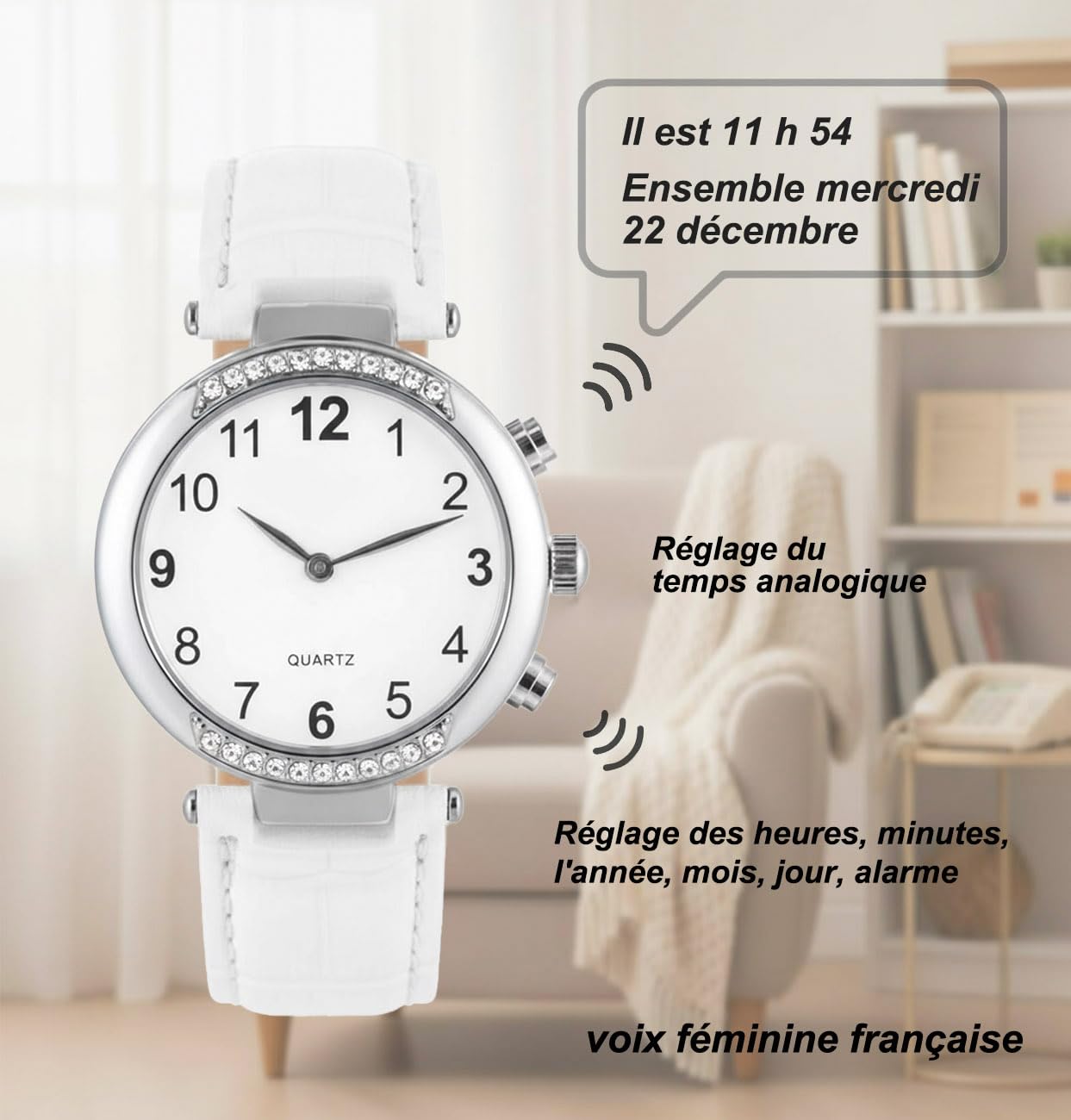 Reloj Parlante para Mujer con Voz Francesa Femenina, Hora y Fecha Parlantes Reloj de Cuarzo Correa de Cuero para Personas con Discapacidad Visual, Seniors, Blanco