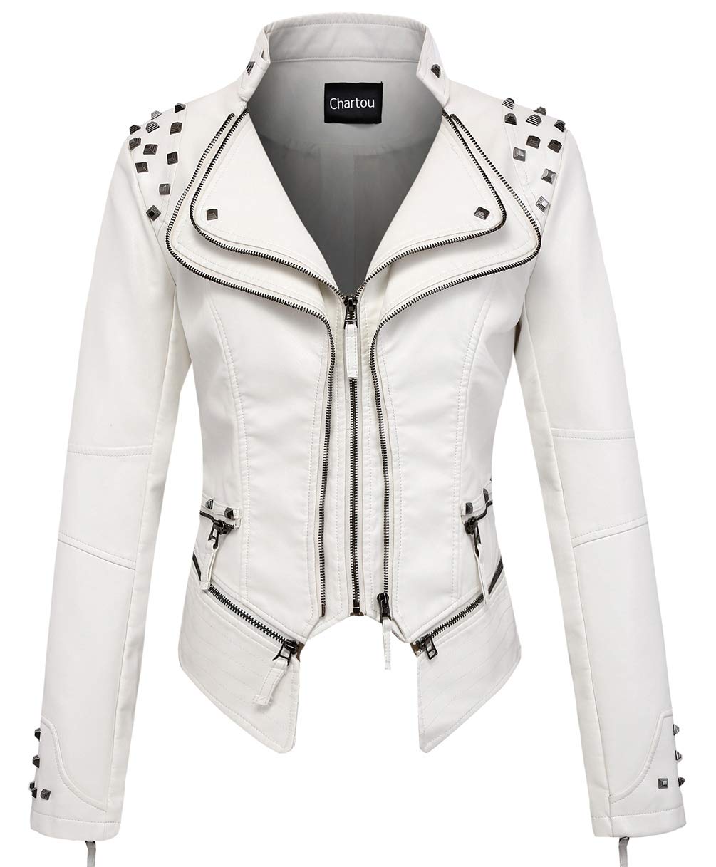 CHARTOUWomen's Moto Studded Performance Slim Lapel Front Zip PU Leather Short Biker Jacket