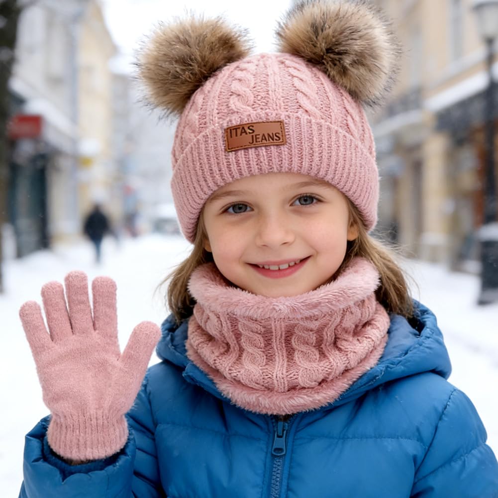 Set de Bufanda Gorro y Guantes, Conjunto de Bufanda Sombrero y Gorro Niño Invierno, Gorros con Pompon Lana NiñoBraga Cuello Polar y guantes de punto cálidos para niño 2-6 Años