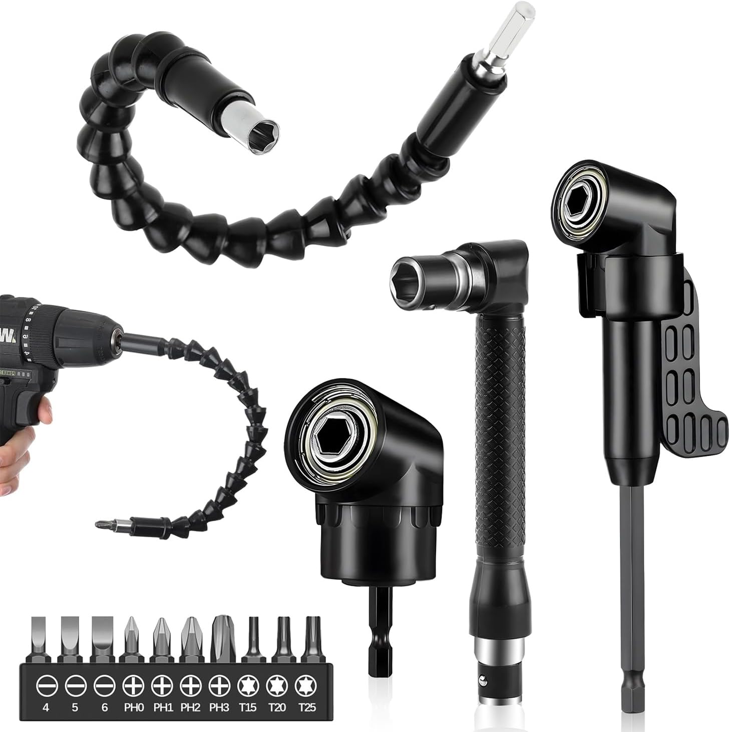 QWᴏʀᴋ Winkelschrauber Set - 2 Adapter + 12 Bits Für Enge Stellen