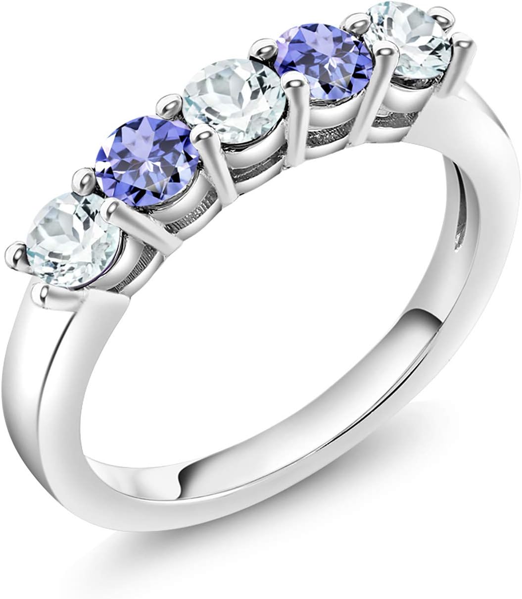 Gem Stone King Sky Blue Aquamarine and Blue Tanzanite 5-Stone Wedding Anniversary Band Ring For Women | 925 Sterling Silver | 0.87 Cttw | Gemstone Birthstone | Available In Size 5, 6, 7, 8, 9