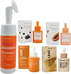 Max Love Kit Facial Vegano com 5 Produtos, Sérum Vitamina C, Sérum Esfoliante, Sérum de Amora e Mamão, Mousse de Limpeza Antioxidante, 150ml e 30ml