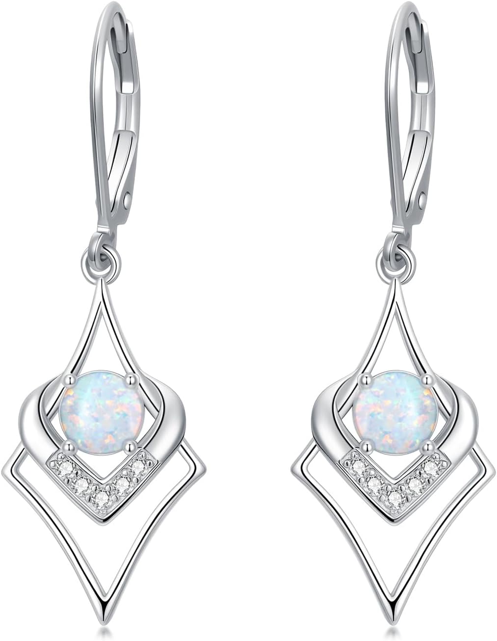 S925 Sterling Silver Opal with Genuine Diamond Earrings for Women October Birthstone Leverback Dangle Earring Birthday Valentine's Day Christmas Gift for Her