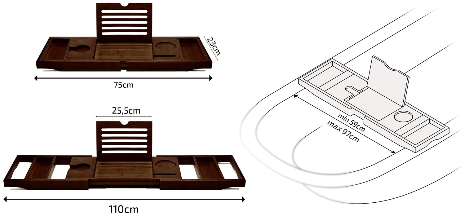 ZOLTA Badewannenablage - Badewannenbrett mit Tablet- oder Buchhalterung - Badewannentablett mit Halterung für Weingläser & Becher - Home Wellness - Badewannenablage aus Bambus Holz - 75-110 x 23 cm