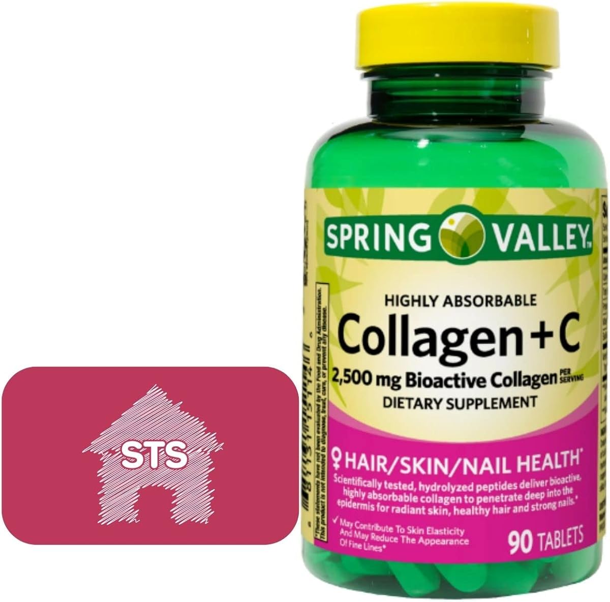 Spring Valley Collagen + C 2,500 mg Bioactive Collagen, 90 Count + STS Sticker.