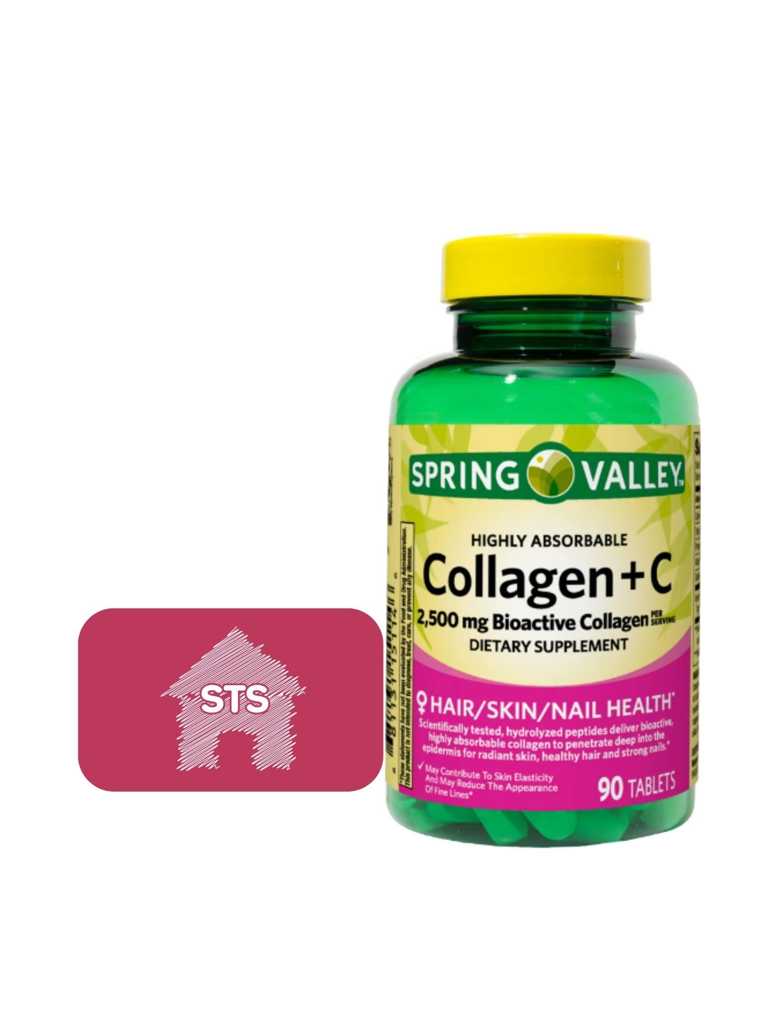 Spring Valley Collagen + C, 2,500 mg Bioactive Collagen, 90 Count + Sticker.
