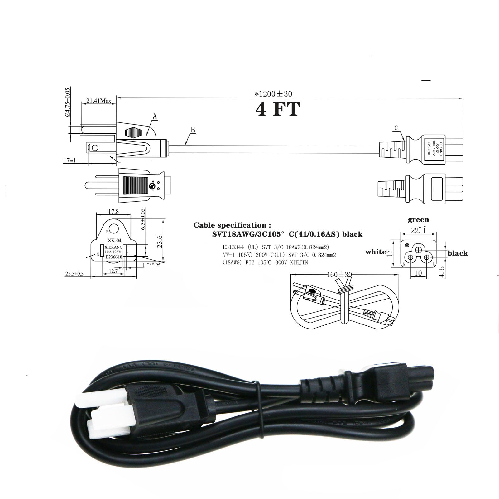 Amazon.com: 4 Feet Power Cord,18AWG 105℃ 10Amp SVT Cable,3