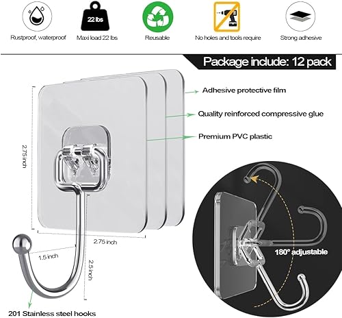 Miniatura 5 de Ganchos adhesivos para colgar, paquete de 48 ganchos de pared adhesivos de acero inoxidable, 22 libras (máximo), extraíbles, resistentes al agua,