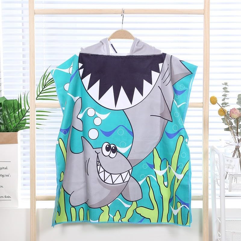 Ji and Ja® Kids Beach Towels with Hood Kids Bath Towels for Boys Cute Cartoon Printed Towel Microfiber Hoodie Beach Towel Pouncho Head Cover-ups Multi-Use 1-7 Years Kids (Shark) 2