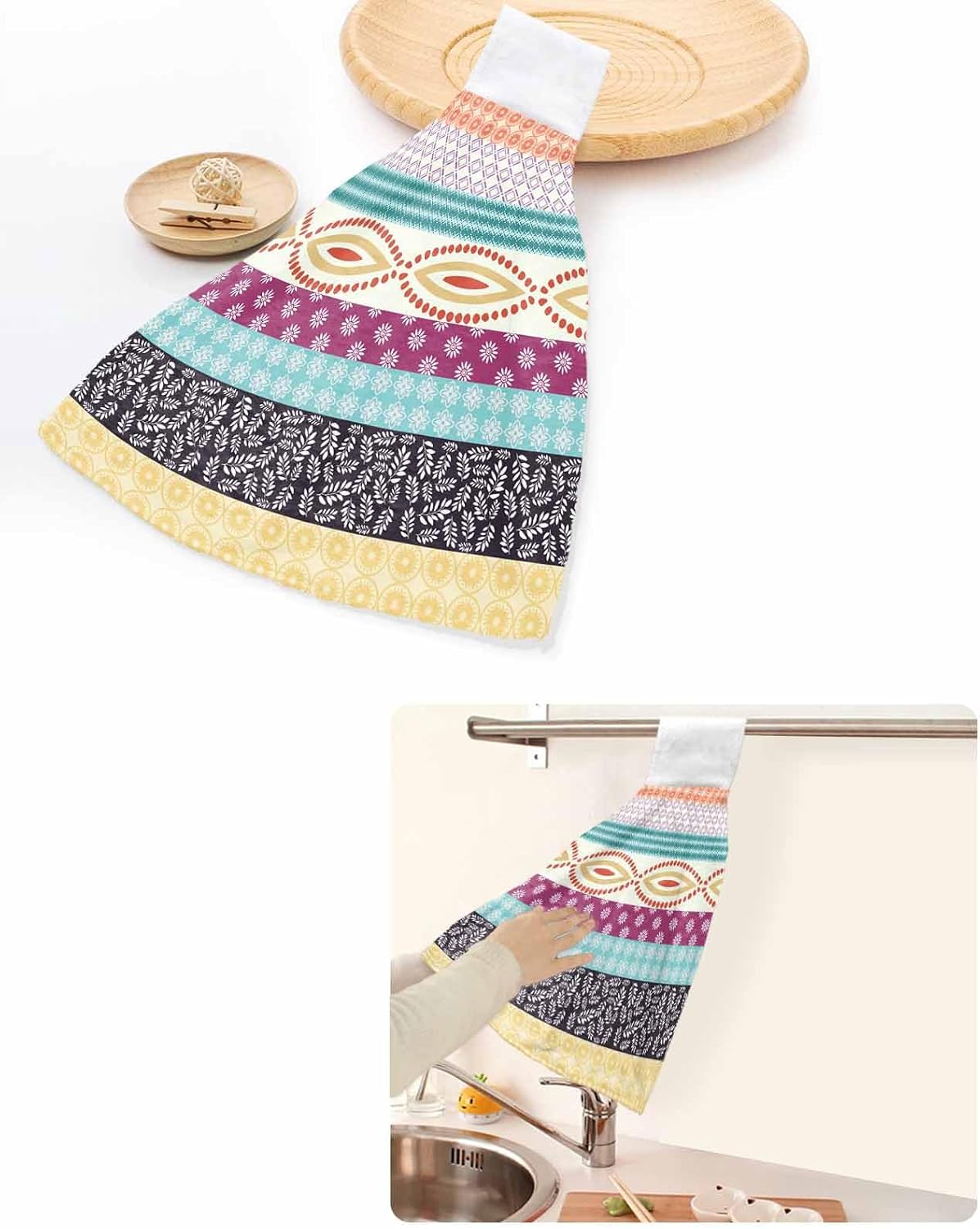 Bohemia Ethnic Kitchen Hand Towels with Hanging Loops Set of 2 Boho Tribal Teal Orange Purple Stripes Leaves Soft Thick Oven Fingertip Dry Microfiber Tie Dish Towel Absorbent Cleaning Washcloth