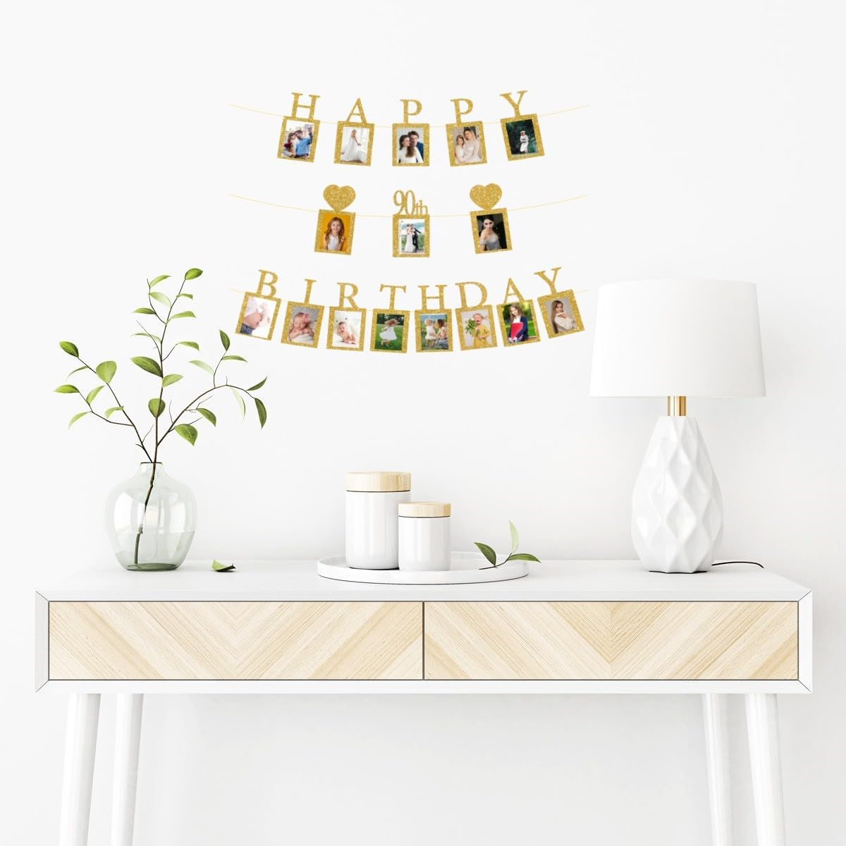 Happy 90th Birthday Photo Banner 90 Year Old Party Decorations, Ninety Birthday Picture Frame Banner 90th Photo Frame Party Supplies Bunting Decor, Gold
