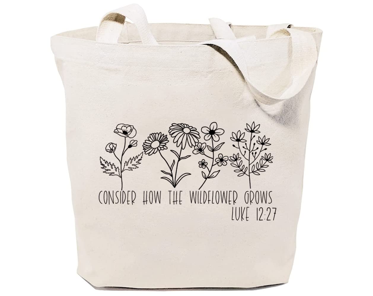 GXVUIS Consider How the Wildflowers Grow Canvas Tote Bag for Women Bible Verse Reusable Grocery Shopping Bag Christian Gift