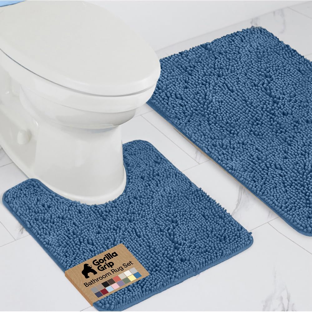Gorilla Grip Original Shaggy Chenille 2 Piece Bath Rug Set Includes Oval U-Shape Contoured Mat for Toilet and 30x20 Carpet Rugs, Machine Wash Dry, Plush Mats for Tub, Shower and Bathroom, Blue — image 1