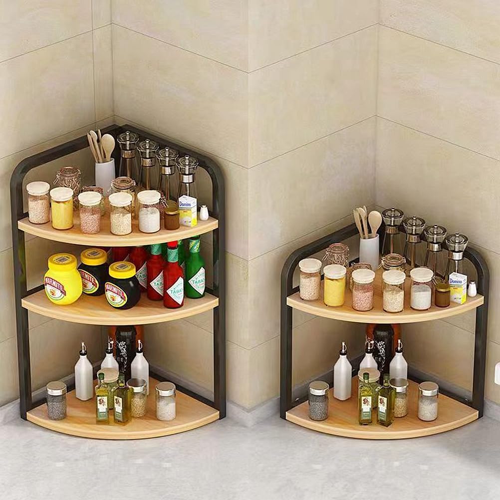 Mensola angolare per piano di lavoro da cucina, portaspezie, accessori da cucina, portaspezie triangolare in legno, organizer angolare da bagno/scrivania in ferro (2 ripiani)