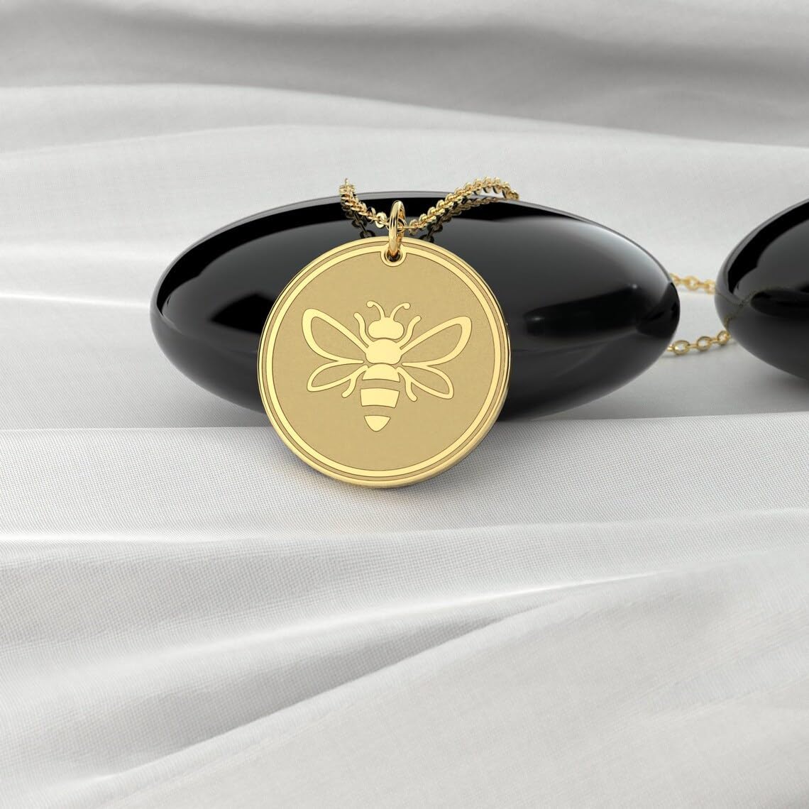 Bee Coin Necklace – 14K Gold Plated Engraved Honey Bee Pendant for Women, Adjustable 18”+3” Chain, Dainty Nature-Inspired Jewelry Gift