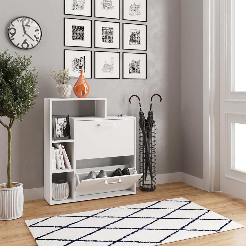 Vicco Zapatera abatible Orlando, Blanco, 24.5 x 90 cm, con dos estantes plegables para un almacenamiento de zapatos que ahorra espacio