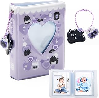3 Inch Mini Photocard Album Kpop Photocard Binder, Catcan Photo Card Holder Book 40 Pockets With Black Cat Pendant, Love Heart Hollow Out Photocard Binder For Collecting Picture (Purple Black Cat)