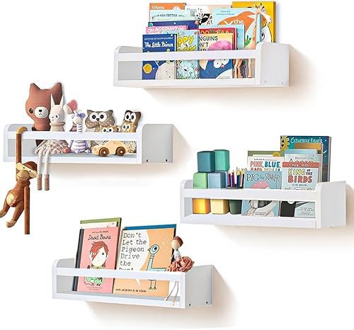 Juego de 4 estantes flotantes de pared para habitación de niños, guardería, dormitorio, estanterías de madera blanca para juguetes, libros,