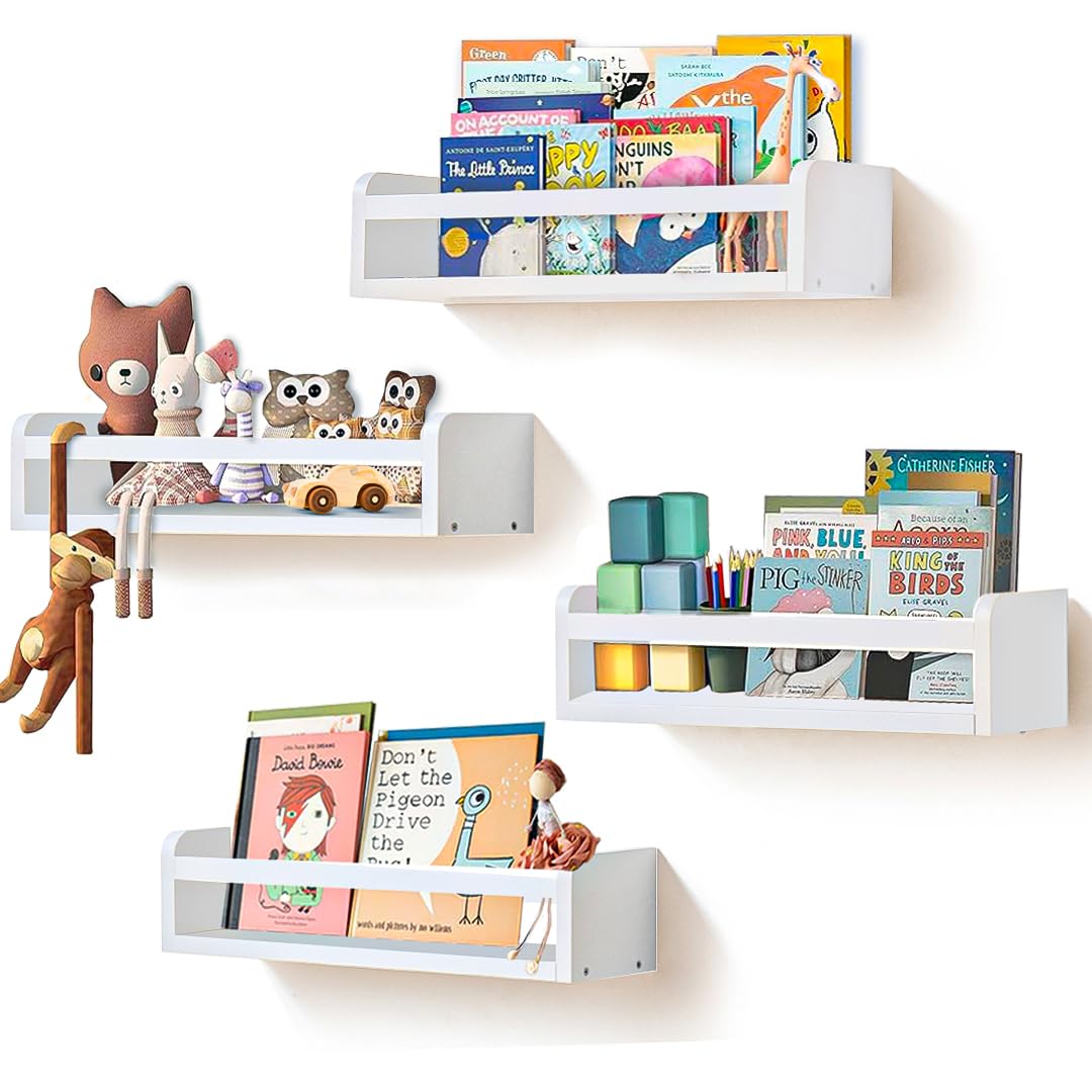 Set of 4 Floating Wall Shelves for Kids Room, Nursery, Bedroom – White Wooden Bookshelves for Toys, Books, Décor & Storage – Wall Mounted Book Shelves for Baby Room & Small Spaces (16.5” x 4” x 3.5”)