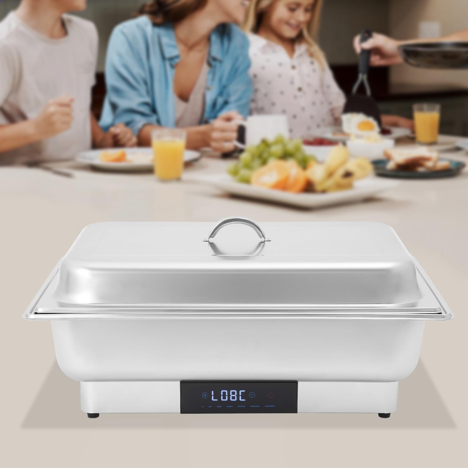 Calentador de buffet eléctrico, calentador de alimentos, buffet Chafing Dish, acero inoxidable, con control de temperatura para catering y buffet, 600 W, 9 l, para platos fríos y calientes