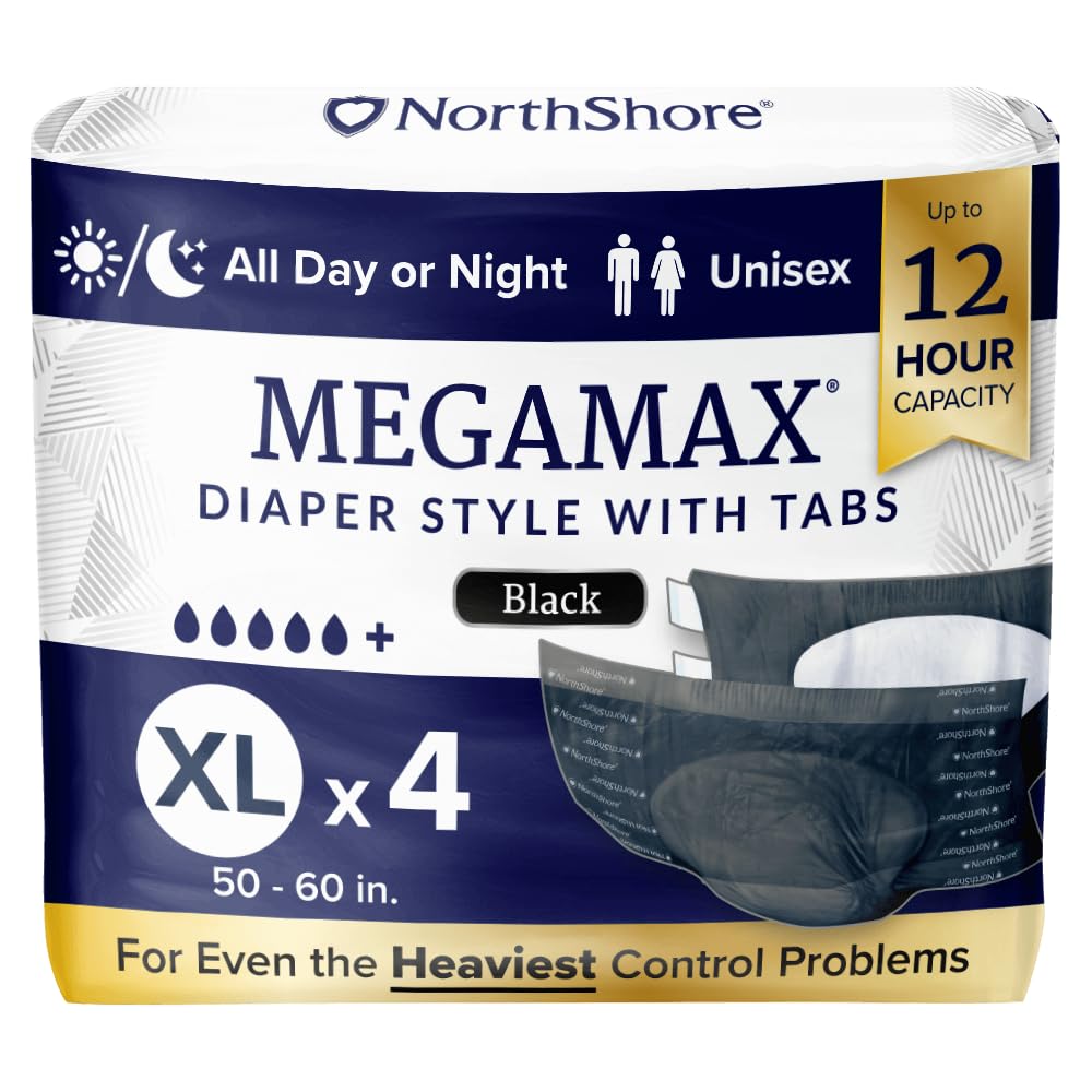 NorthShore MegaMax Adult Overnight Diapers, 12-Hour Tab-Style, X-Large, 4 Count Starter Pack, Black, 50-60 inches, Unisex Incontinence Underwear
