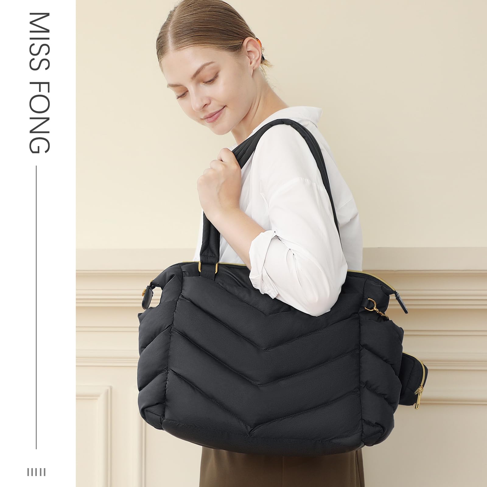 MISS FONG Baby Wickeltasche Wickelrucksack Rucksack Groß, Wickeltasche Kinderwagen Puffer Rucksack Organizer mit Wickelunterlage Schnullertasche mit 10 Taschen für Mama für Unterwegs,Schwarz