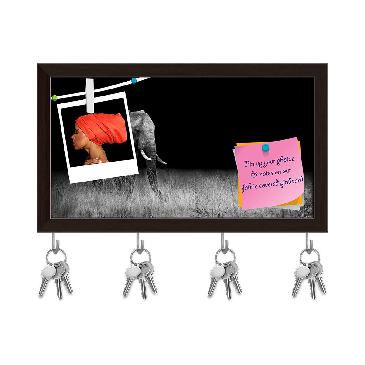 ArtzFolio Wild Elephant In The African Savannah Key Holder Hooks | Notice Pin Board | Dark Brown Frame 14.1 X 8Inch