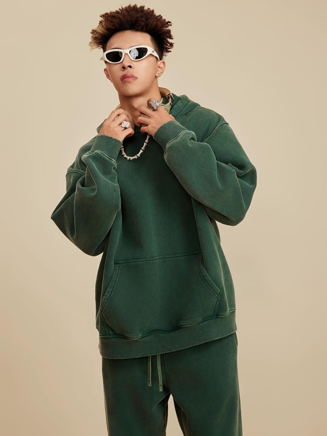 KEEPSHOWING Mens Hoodies Vintage Oversized Hoodie Acid Wash Fleece Pullover Plush Heavyweight Streetwear Sweatshirts - Image 5