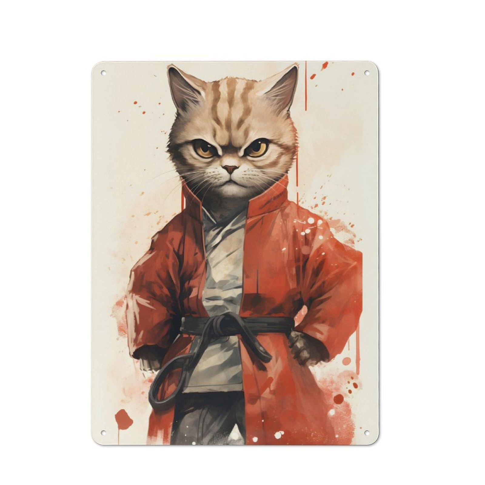 For Café Or Restaurant, Karate Cat in Uniform Rustic Metal Plaque 40x30cm, for Hospitality Interior Collectors Refreshing A Room in Autumn