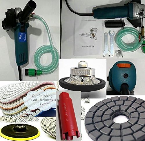 Wet Polisher Water Feed Grinder 1 1/4"/30 mm Demi Bull Nose Router Bit 1 3/8" core bit hole saw 4" Diamond Polishing Pad 13+1 for stone concrete granite marble quartz masonry grinding buffing repair