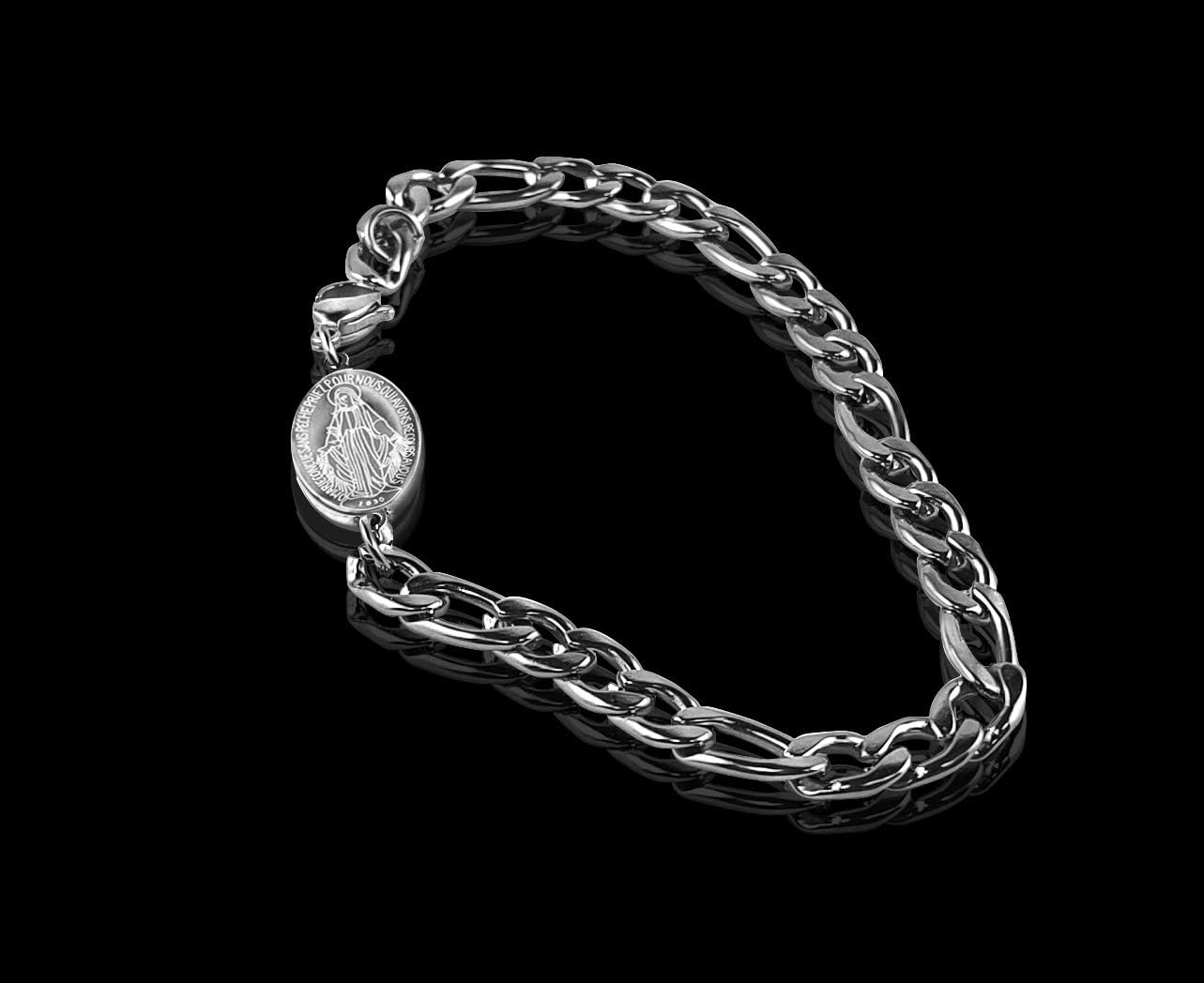 USA Stainless Steel Figaro Chain Men Bracelet with Miraculous Medal
