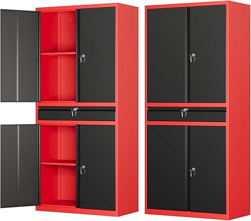 Vista 26 de Gabinete de metal, armario de almacenamiento con bloqueo con 2 puertas y 5 estantes ajustables, gabinetes de acero para herramientas de 72 pulgadas