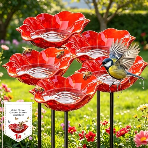 Metal Flower Garden Stakes Bird Bath Handmade Metal Flower Garden Stake Everlasting Blooms Bowl Pollinator Watering Station Mini Bird Bee Butterfly Puddler Decor for Outdoor Lawn Yard (5PCS)