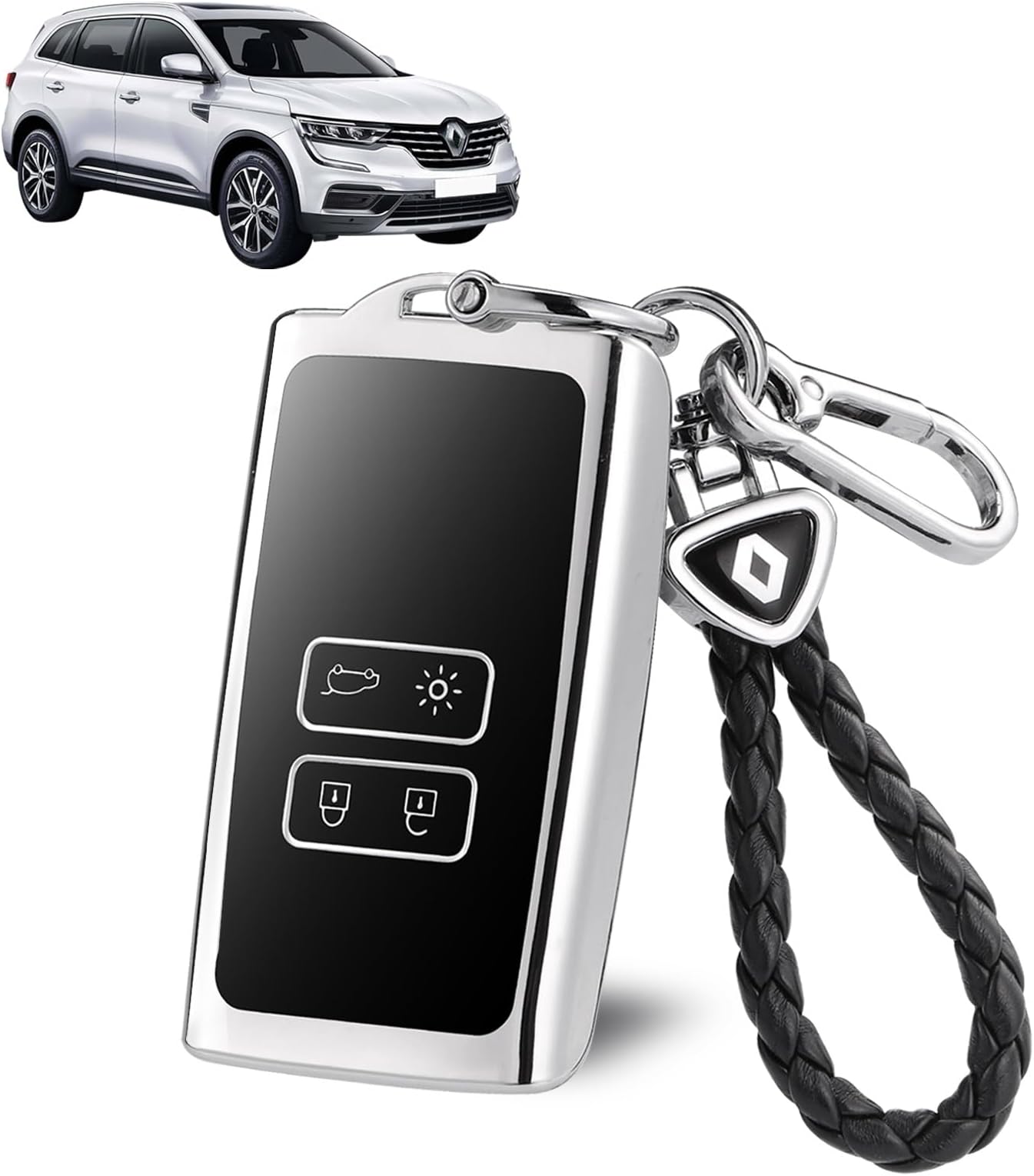 – JIZZU Car Key Cover for Renault, 4 Button Keyless Smart TPU Key Cover with Key Fob, Tpu Car Key Cover for Renault (Silver)