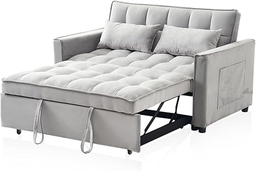 Miniatura 7 de FENFSHE Sofá cama convertible 3 en 1, moderno sofá futón de terciopelo con respaldo ajustable, bolsillos de almacenamiento y almohadas para sala de