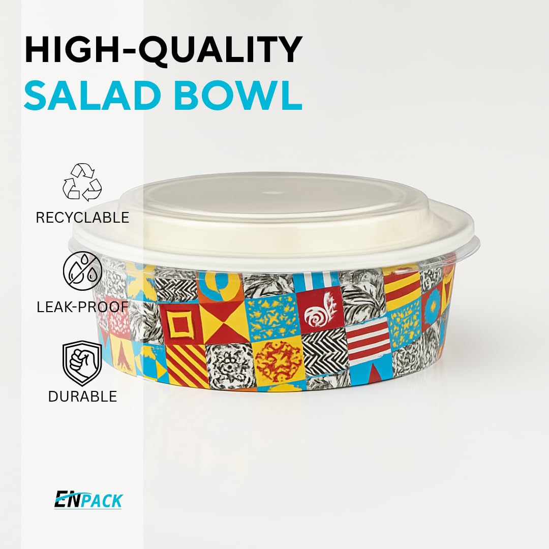Enpack - 500ml Bowl für Lebensmittel aus Kraft Papier mit RPET Deckel - Einweg Papp-Salatschale mit PLA Innenbeschichtung - Bio-Schale (500 ml, 50, stück)