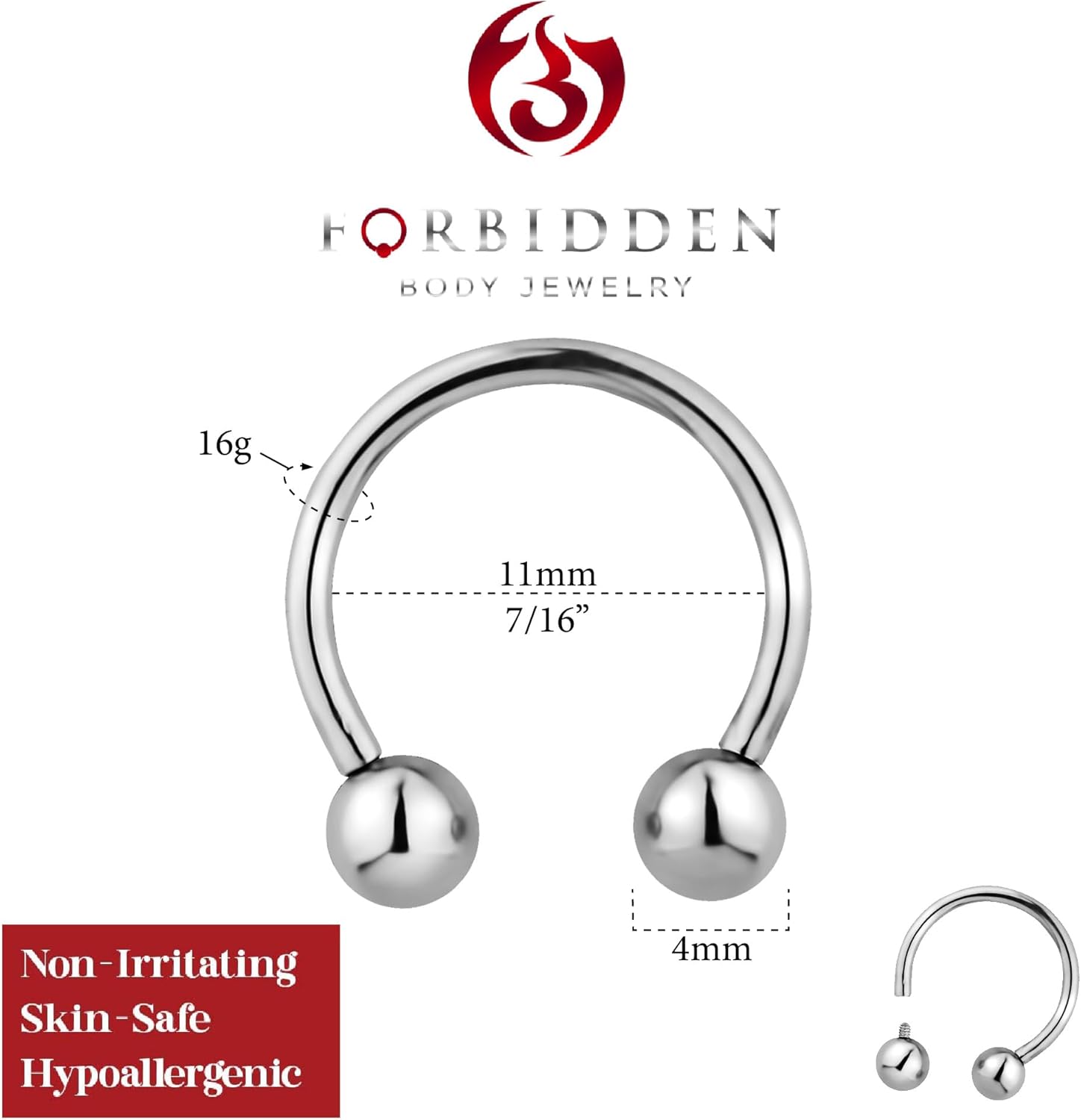 Forbidden Body Jewelry 16g 11mm Surgical Steel Internally Threaded Horseshoe Body Piercing Ring - Image 2