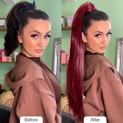 Miniatura 5 de Extensión de cola de caballo larga y recta, cola de caballo con clip, 32 pulgadas, resistente al calor, sintético, cola de caballo color borgoña,