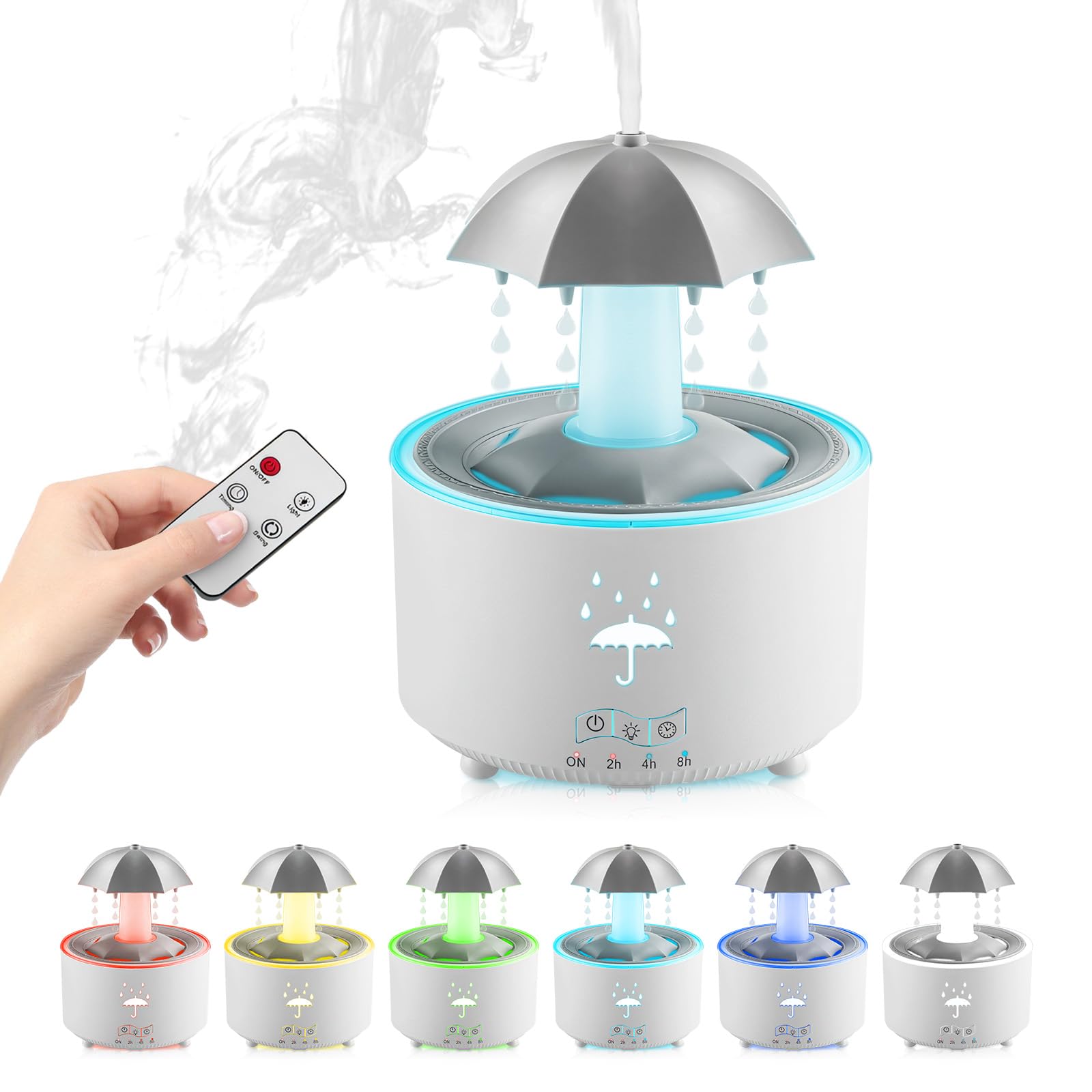 perfk Umidificatore a Goccia Rotante con Ombrello, Purificatore di Oli Essenziali 300ml, 10-30H di Durata, 7 LED Colori, 2/4/8H Timer, 36dB Silenzioso, Diffusore Ambiente per Camera, Ufficio, Bianco