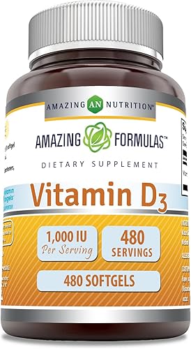 Amazing Formulas Vitamina D3-1,000 UI, 240 cápsulas blandas (sin OMG, sin gluten) Vitamina para una función corporal óptima, apoya la salud ósea, la