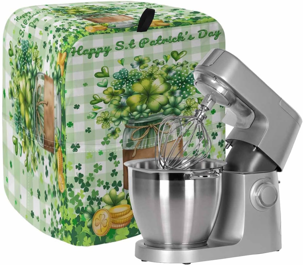 Happy St. Patrick's Day Stand Mixer Cover with Storage Pocket, Waterproof Kitchen Mixer Covers, Spring Green Lucky Clovers Leaf Kitchen Appliance Dust Cover Compatible with 5-8 Quart Mixers