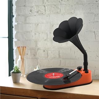 Record Player, Bluetooth Vinyl Gramophone with Horn Speaker for 33/45 RPM Vinyl Records, Wirlesss Playback Turntable, ORANGE