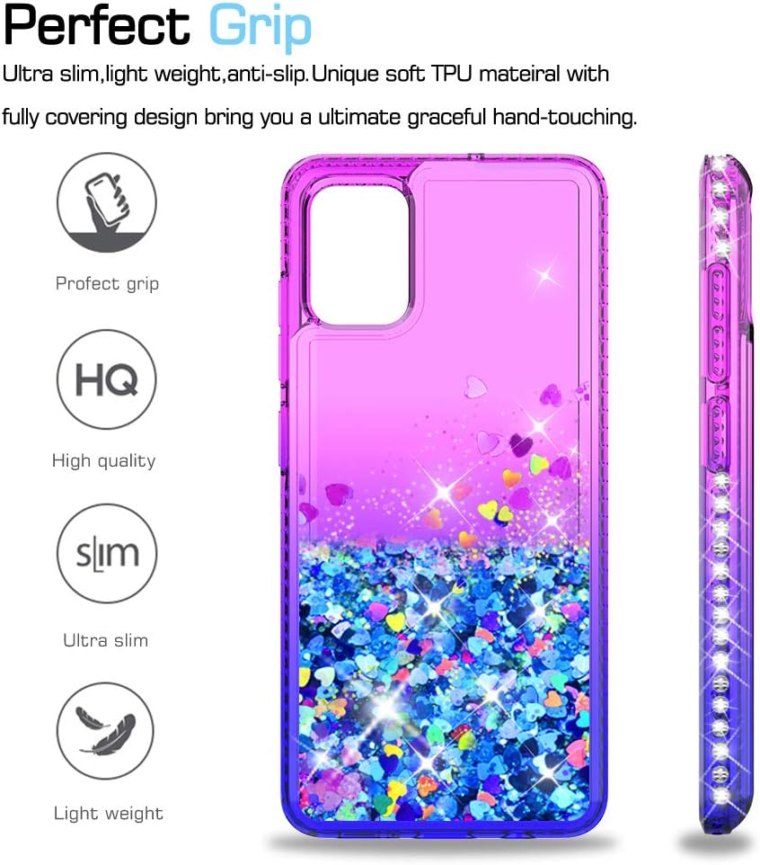 LeYi Compatible with Samsung Galaxy A51 Case (Not Fit A51 5G) with 2 Tempered Glass Screen Protector for Girls Women, Glitter Clear Phone Case for Samsung A51, Purple/Blue
